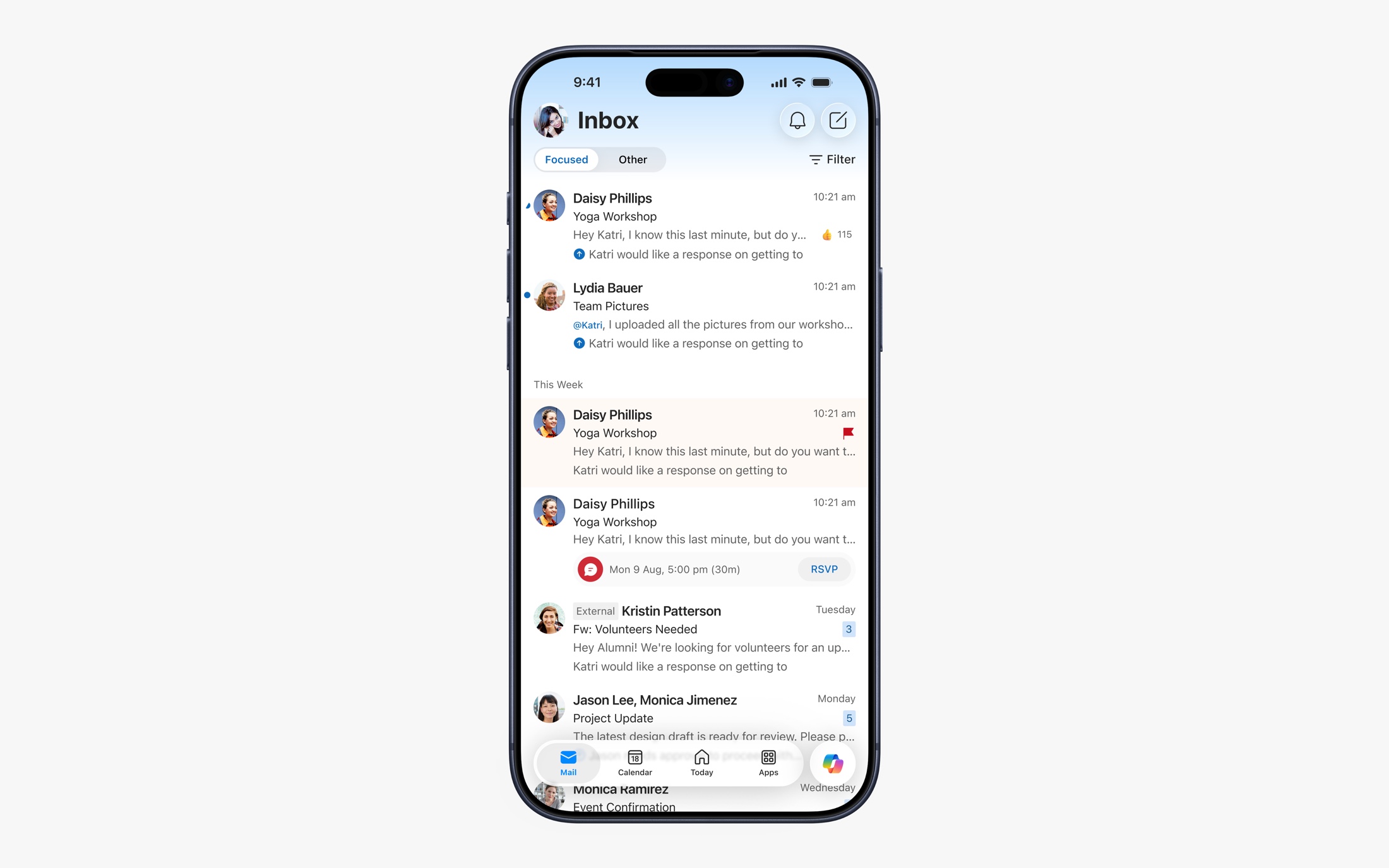 Outlook for iPhone showing the inbox and mobile navigation