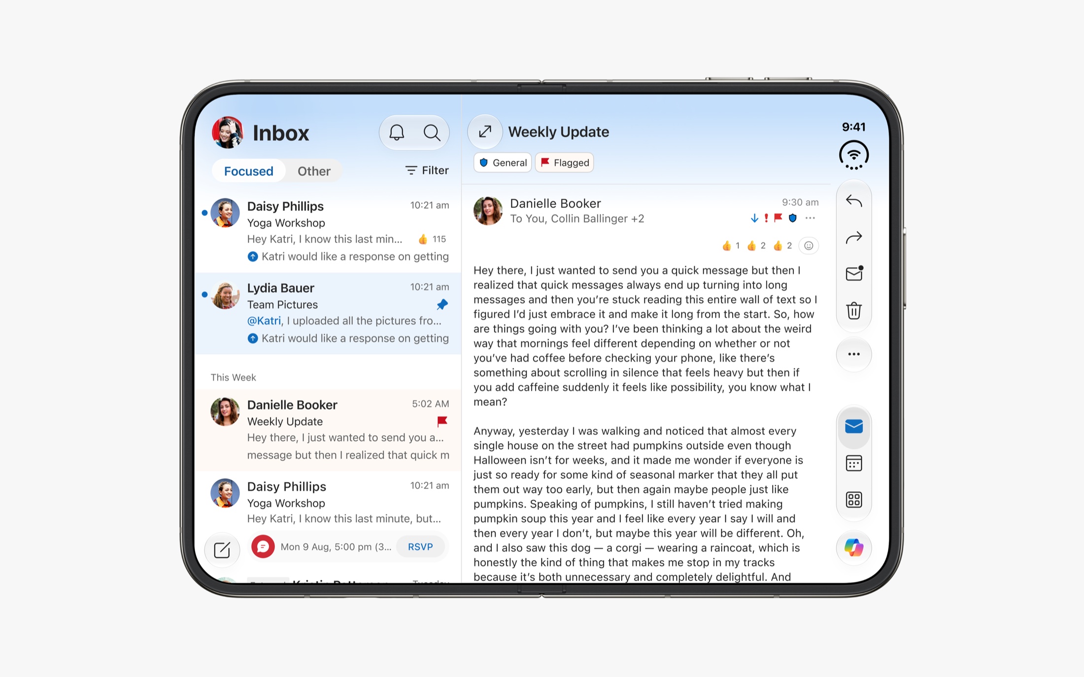Outlook for iPhone Duo showing the inbox and conversation design