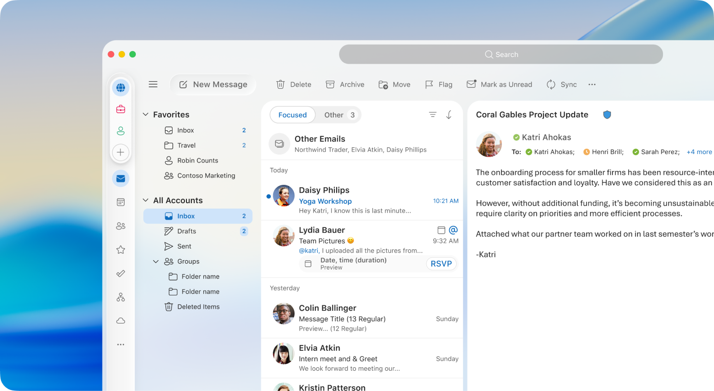 Mac Outlook interface showing a Copilot-assisted inbox